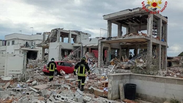 Firefighters from Italy’s Vigili del Fuoco operate at the site of a building collapse following an explosion in Rome. Firefighters from Italy’s Vigili del Fuoco operate at the site of a building collapse following an explosion in Rome.