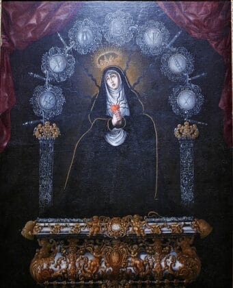 Our Lady of the Seven Sorrows statue, a symbol of Marian devotion in Spanish Holy Week processions.