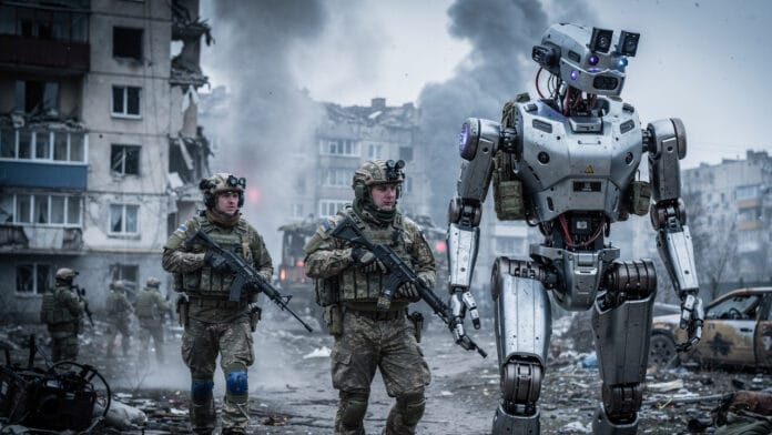AI-generated illustration representing humanoid robots in a war environmentAI-generated illustration representing humanoid robots in a war environment