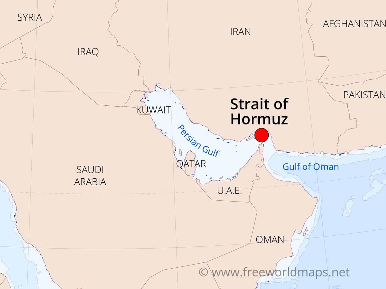 Map showing the Strait of Hormuz between Iran and Oman, one of the world’s most strategic shipping routes.