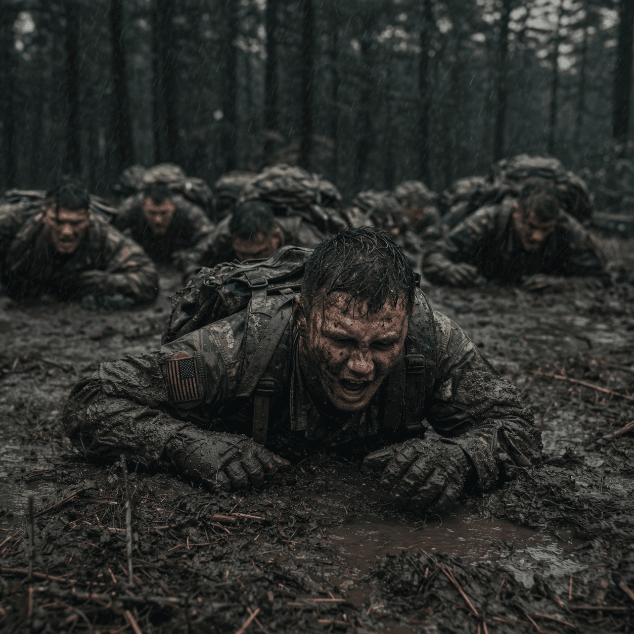 US soldiers crawling through mud during extreme military training exercise