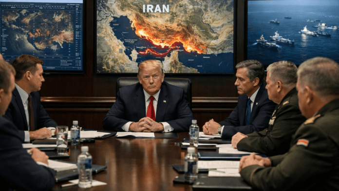 Donald Trump sitting with advisors in a Situation Room reviewing maps of Iran and the Middle East