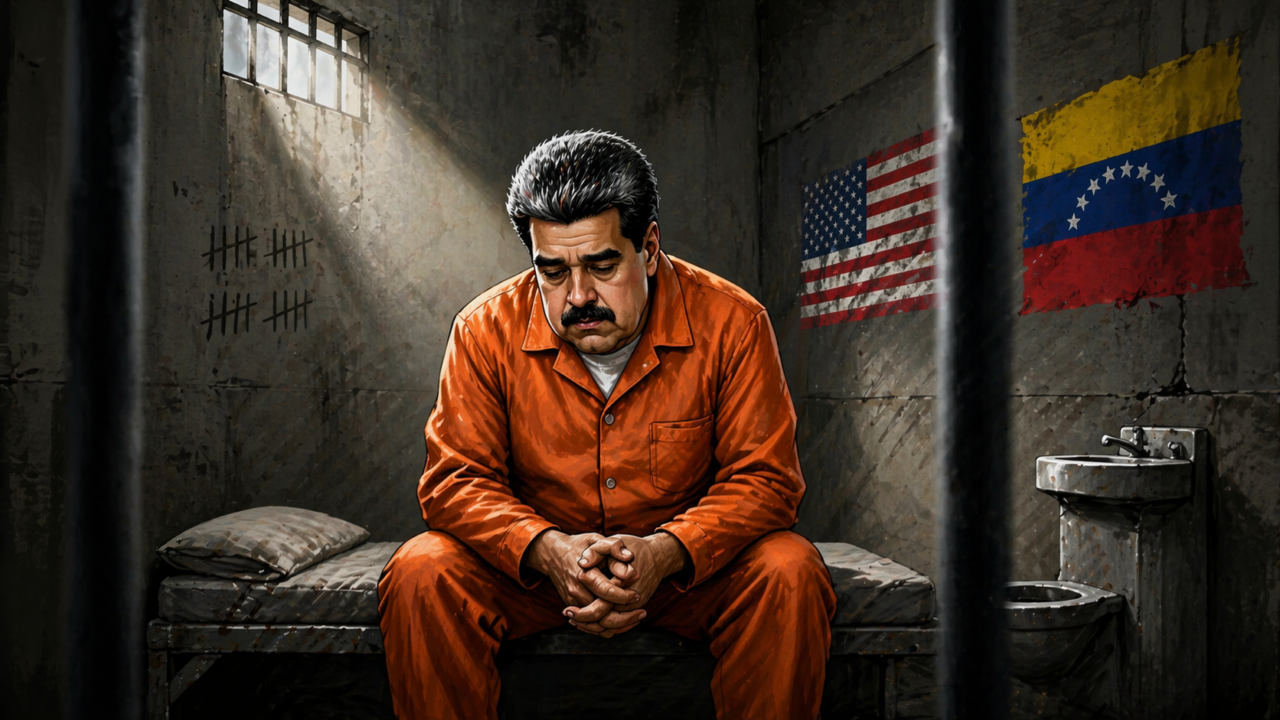 Caricature illustration of Nicolás Maduro sitting alone in a prison cell with US and Venezuelan flags on the wall