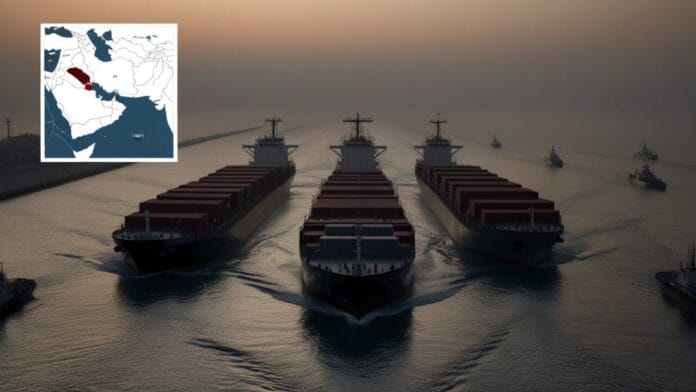Oil tankers moving through the Strait of Hormuz with map showing its location
