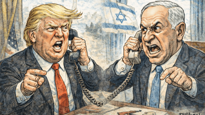 Political cartoon of Trump and Netanyahu angrily speaking on the phone across a shared desk with maps and conflict symbols.