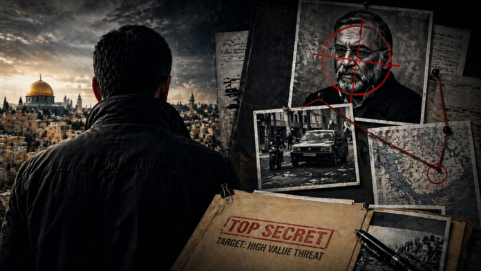 Covert assassination planning board with target images and surveillance map representing Mossad targeted killings and global intelligence operations