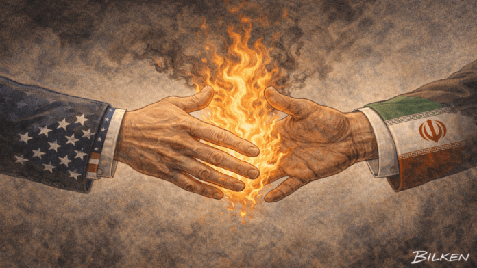 Editorial illustration showing two hands representing the United States and Iran attempting to shake, separated by flames.