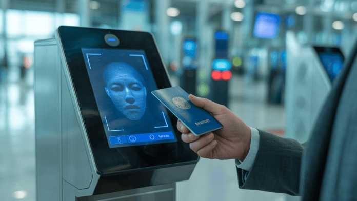 Traveler scanning passport at biometric border control system in a European airport