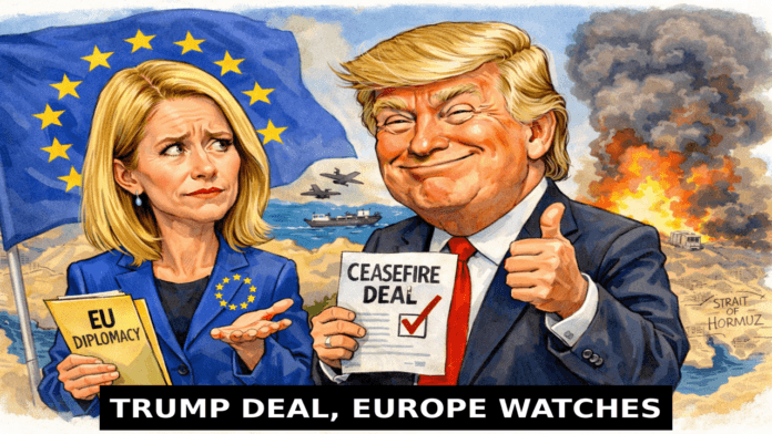 Caricature of Donald Trump and Kaja Kallas reacting to Iran ceasefire with Strait of Hormuz in background