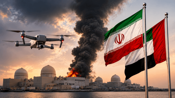 Smoke rises from the Barakah nuclear plant in Abu Dhabi as drones fly nearby amid rising tensions between Iran and the UAE.