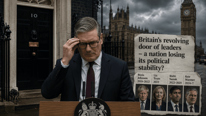 Britain political leadership crisis at Downing Street British prime minister standing outside 10 Downing Street under dark skies as Britain faces political instability and leadership turmoil.