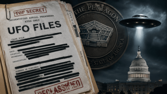 Declassified UFO documents displayed in front of the Pentagon seal and the US Capitol as a UFO hovers in the night sky.