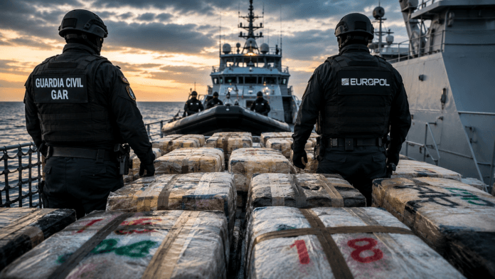 Europol Atlantic Cocaine Operation Armed Europol and Guardia Civil officers standing on a ship surrounded by seized drug packages during an Atlantic anti-trafficking operation.