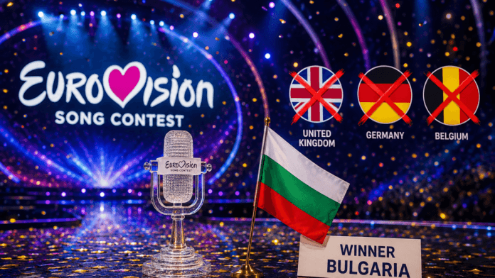 Disappointed Eurovision contestants from the United Kingdom, Germany and Belgium during the Eurovision 2026 final as Bulgaria celebrates victory in the background.