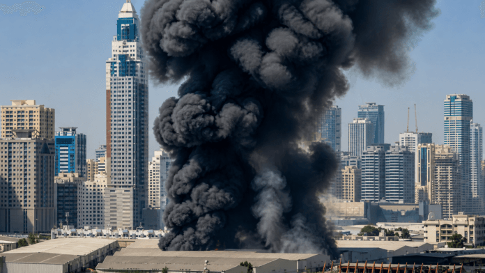 Illustration of smoke rising over Gulf city amid Iran UAE tensions
