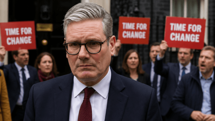 Keir Starmer faces growing pressure in Labour revolt Keir Starmer standing outside Downing Street as protesters demand political change during Labour leadership crisis