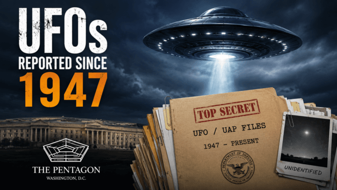 Illustration of a UFO hovering above classified Pentagon files marked “Top Secret” under a dark stormy sky.