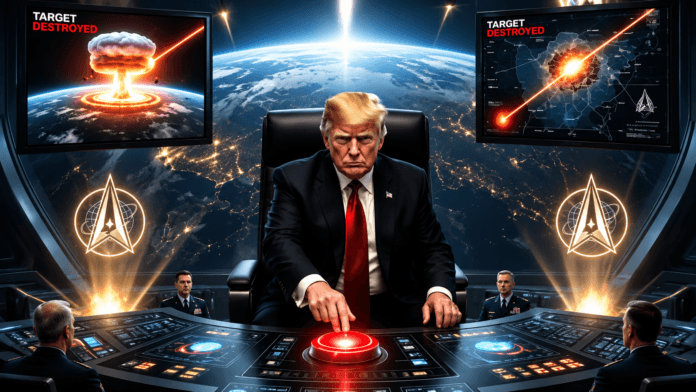 Trump shares AI-generated war room image online AI-generated image showing Donald Trump in a futuristic military command center pressing a launch button while missile strike screens appear in the background.