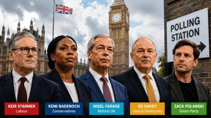 Keir Starmer, Kemi Badenoch, Nigel Farage, Ed Davey and Zack Polanski pictured ahead of England’s 2026 local elections in London.