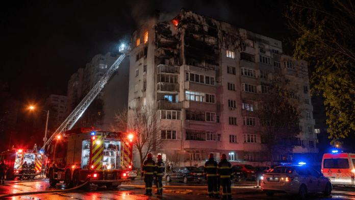 Emergency crews respond after a drone strike damaged a residential apartment building in Romania.