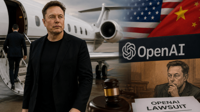 Elon Musk near a private jet amid the OpenAI lawsuit and China visit controversy