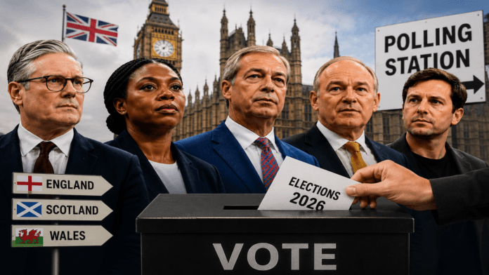 UK political leaders pictured during Britain’s 2026 elections as voters head to polling stations across England, Scotland and Wales.